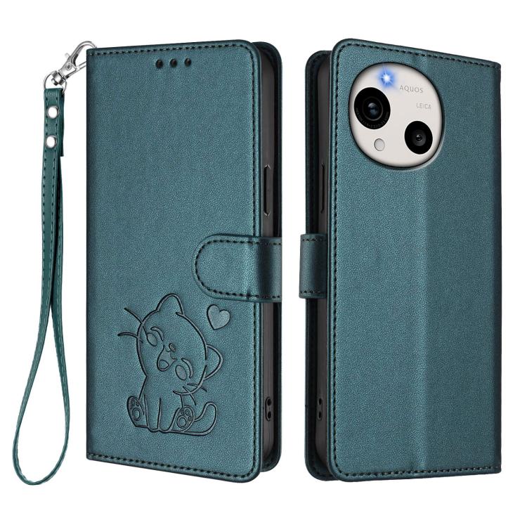 For Sharp Aquos R11 Embossed Heart Cat Leather Phone Case with Hand Strap