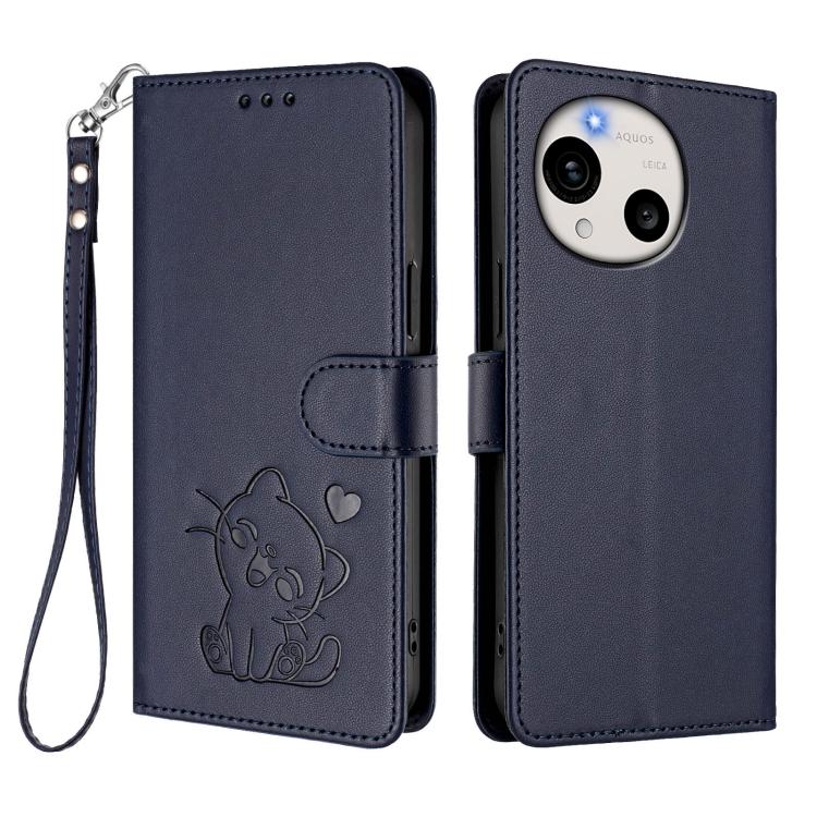 For Sharp Aquos R11 Embossed Heart Cat Leather Phone Case with Hand Strap