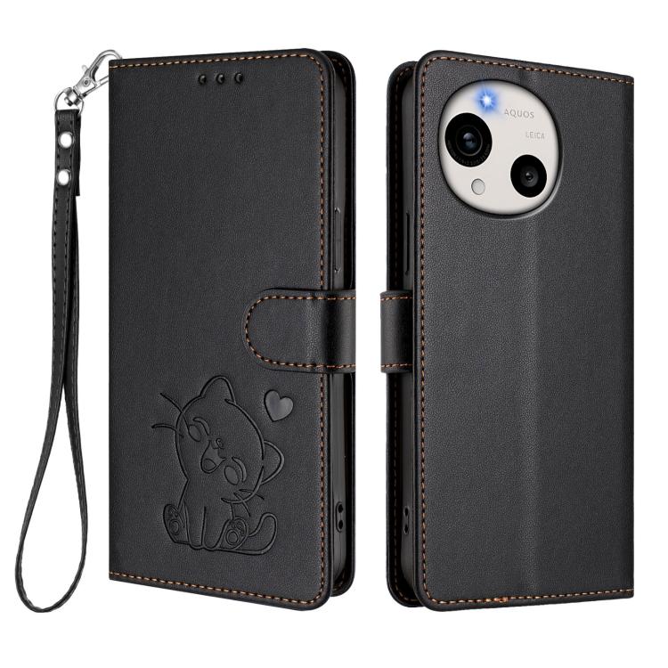 For Sharp Aquos R11 Embossed Heart Cat Leather Phone Case with Hand Strap
