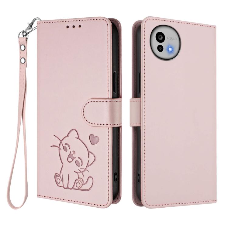 For Sharp Aquos wish6 Embossed Heart Cat Leather Phone Case with Hand Strap