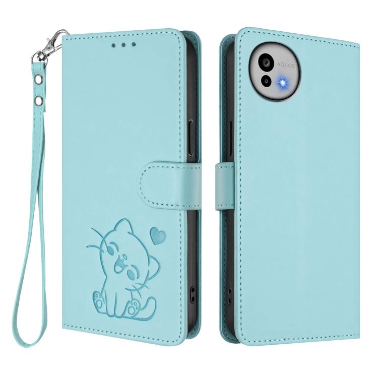 For Sharp Aquos wish6 Embossed Heart Cat Leather Phone Case with Hand Strap