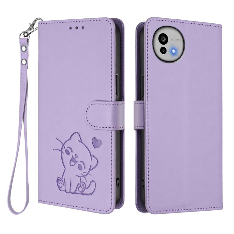 For Sharp Aquos wish6 Embossed Heart Cat Leather Phone Case with Hand Strap