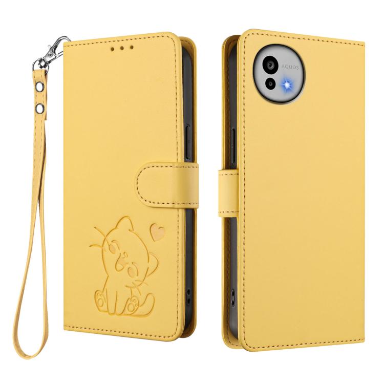 For Sharp Aquos wish6 Embossed Heart Cat Leather Phone Case with Hand Strap