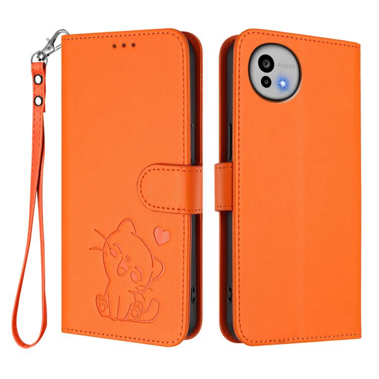 For Sharp Aquos wish6 Embossed Heart Cat Leather Phone Case with Hand Strap