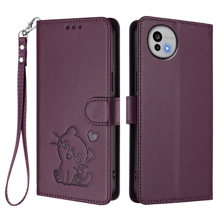 For Sharp Aquos wish6 Embossed Heart Cat Leather Phone Case with Hand Strap