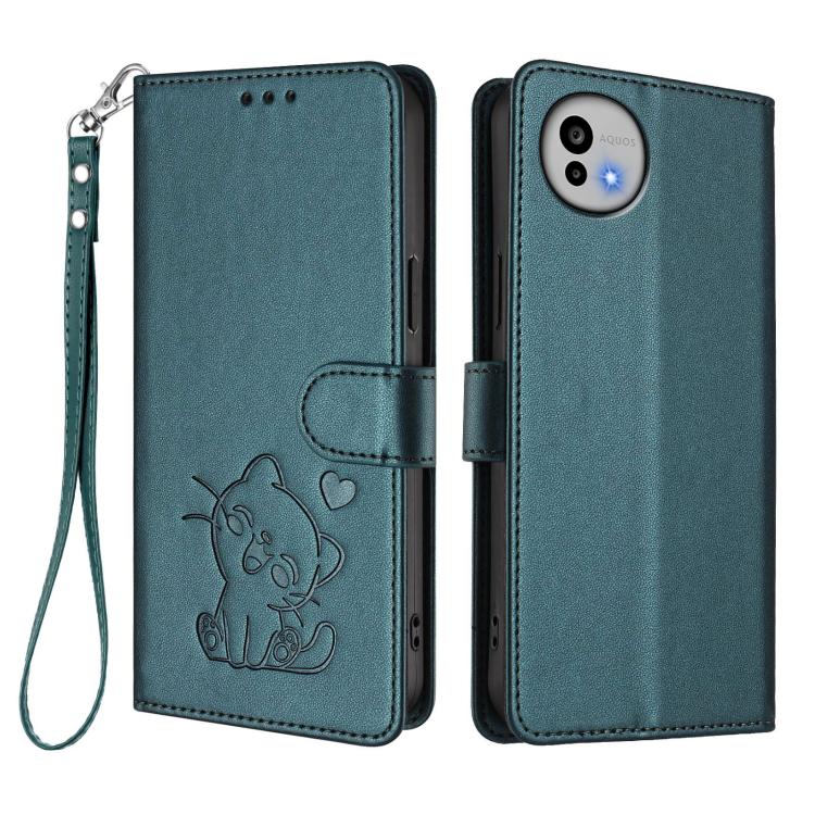 For Sharp Aquos wish6 Embossed Heart Cat Leather Phone Case with Hand Strap