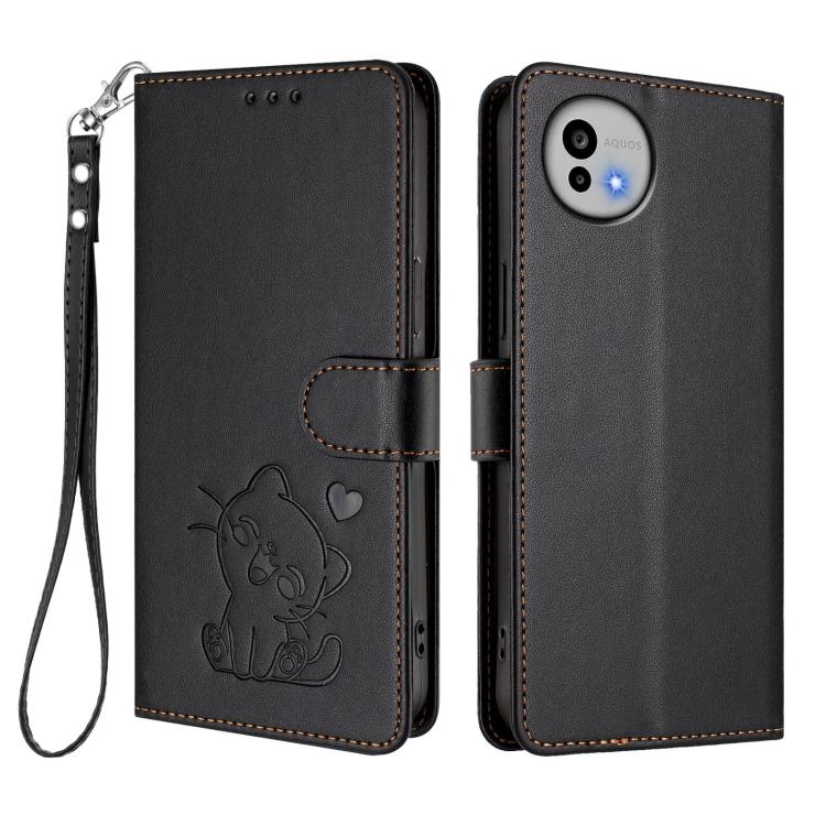 For Sharp Aquos wish6 Embossed Heart Cat Leather Phone Case with Hand Strap