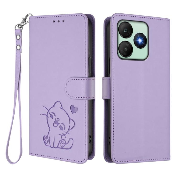 For Wiko T20 Embossed Heart Cat Leather Phone Case with Hand Strap
