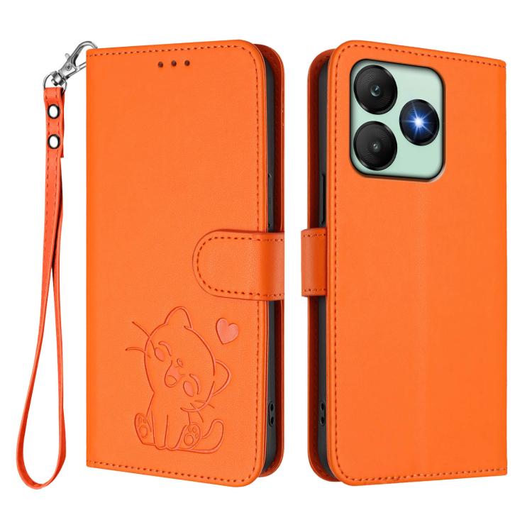 For Wiko T20 Embossed Heart Cat Leather Phone Case with Hand Strap