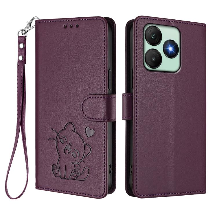 For Wiko T20 Embossed Heart Cat Leather Phone Case with Hand Strap