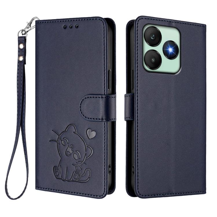 For Wiko T20 Embossed Heart Cat Leather Phone Case with Hand Strap