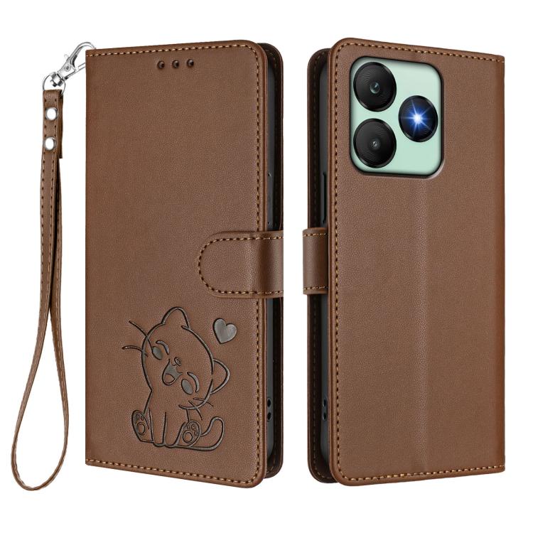 For Wiko T20 Embossed Heart Cat Leather Phone Case with Hand Strap