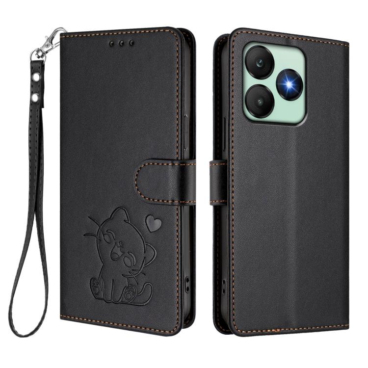 For Wiko T20 Embossed Heart Cat Leather Phone Case with Hand Strap