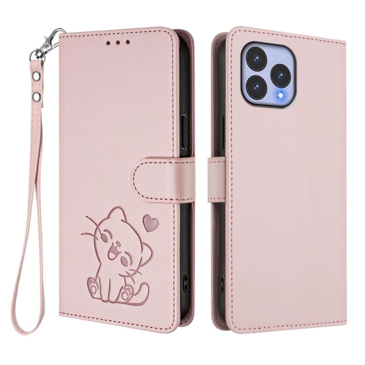For Wiko T60 / Cubot P80 Embossed Heart Cat Leather Phone Case with Hand Strap