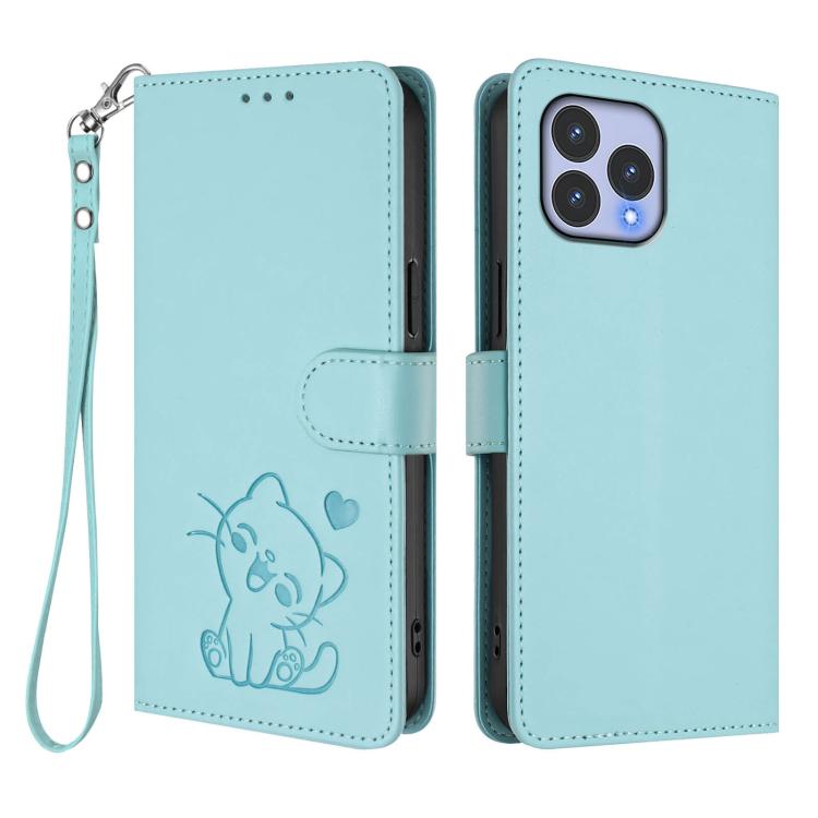 For Wiko T60 / Cubot P80 Embossed Heart Cat Leather Phone Case with Hand Strap