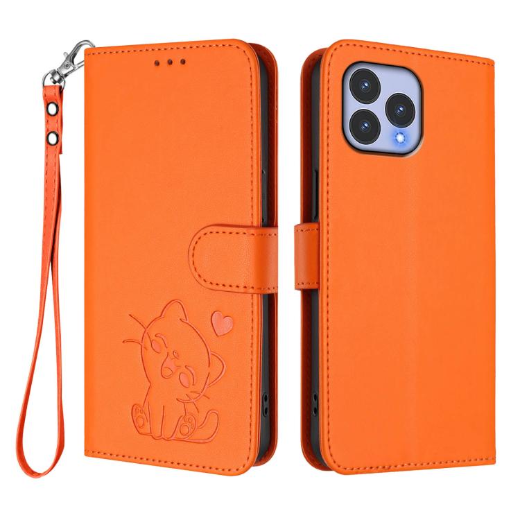 For Wiko T60 / Cubot P80 Embossed Heart Cat Leather Phone Case with Hand Strap