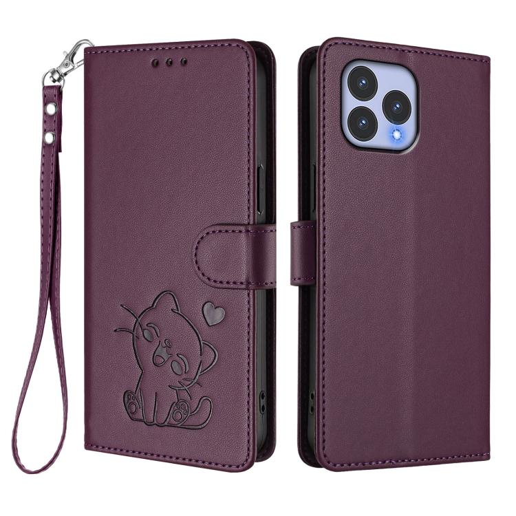 For Wiko T60 / Cubot P80 Embossed Heart Cat Leather Phone Case with Hand Strap