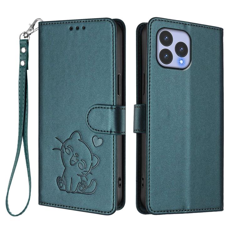 For Wiko T60 / Cubot P80 Embossed Heart Cat Leather Phone Case with Hand Strap