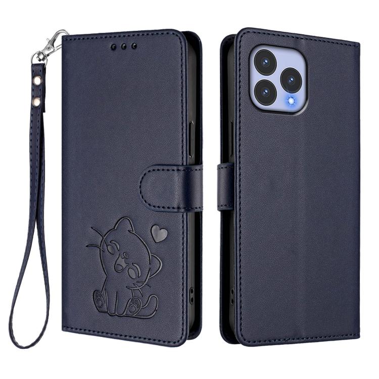 For Wiko T60 / Cubot P80 Embossed Heart Cat Leather Phone Case with Hand Strap