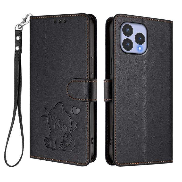 For Wiko T60 / Cubot P80 Embossed Heart Cat Leather Phone Case with Hand Strap
