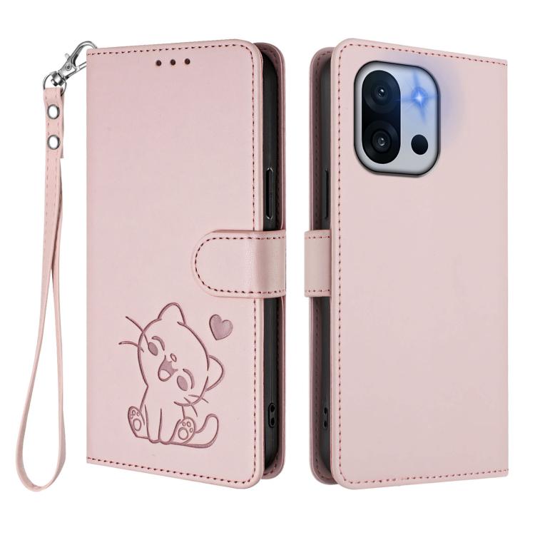 For OnePlus 13T 5G Embossed Heart Cat Leather Phone Case with Hand Strap