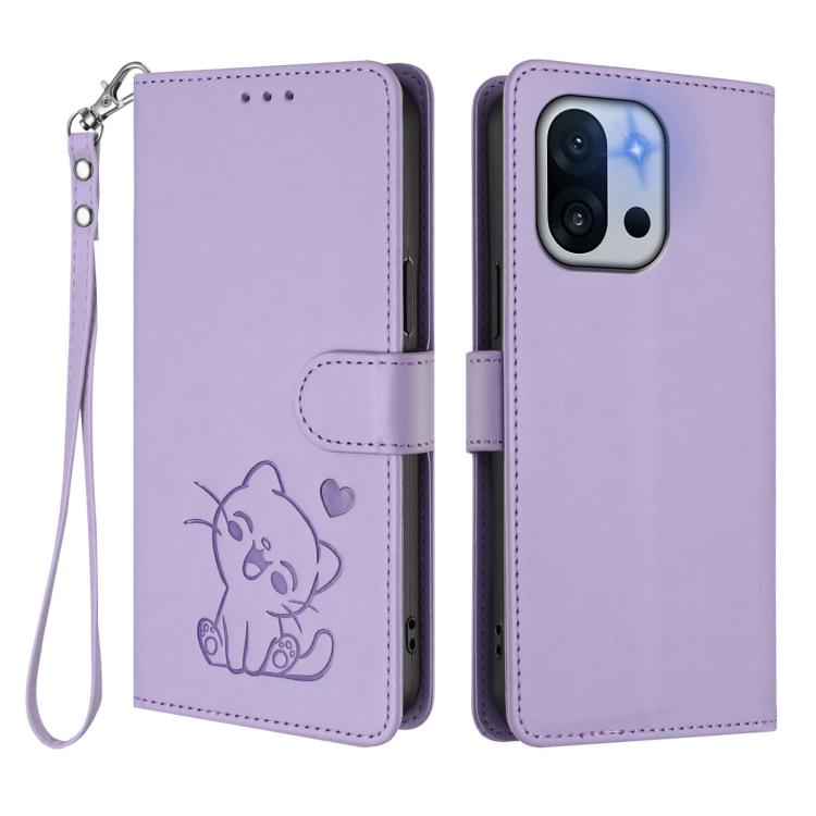 For OnePlus 13T 5G Embossed Heart Cat Leather Phone Case with Hand Strap