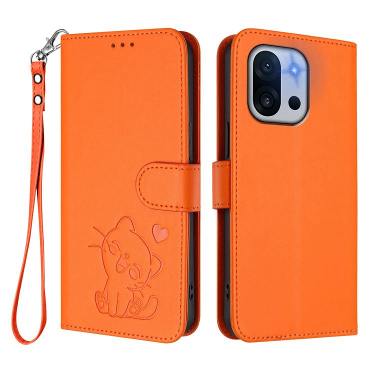 For OnePlus 13T 5G Embossed Heart Cat Leather Phone Case with Hand Strap