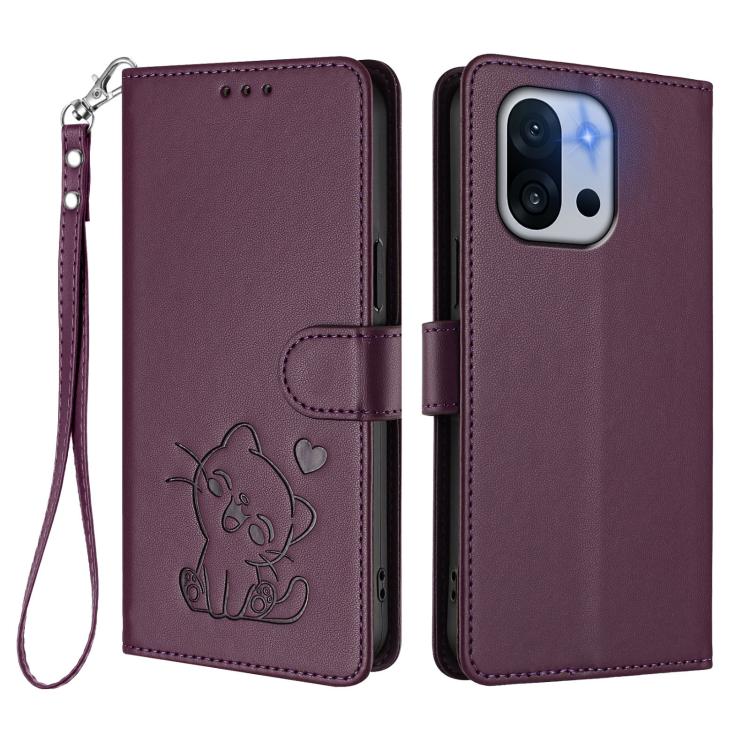 For OnePlus 13T 5G Embossed Heart Cat Leather Phone Case with Hand Strap