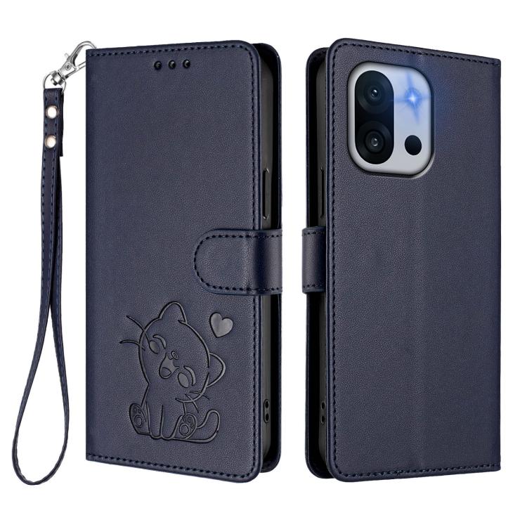 For OnePlus 13T 5G Embossed Heart Cat Leather Phone Case with Hand Strap