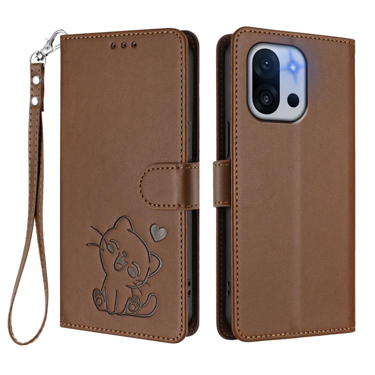 For OnePlus 13T 5G Embossed Heart Cat Leather Phone Case with Hand Strap