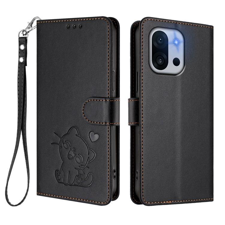 For OnePlus 13T 5G Embossed Heart Cat Leather Phone Case with Hand Strap