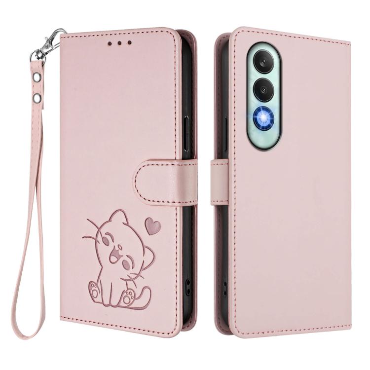 For OnePlus Nord CE4 5G Embossed Heart Cat Leather Phone Case with Hand Strap