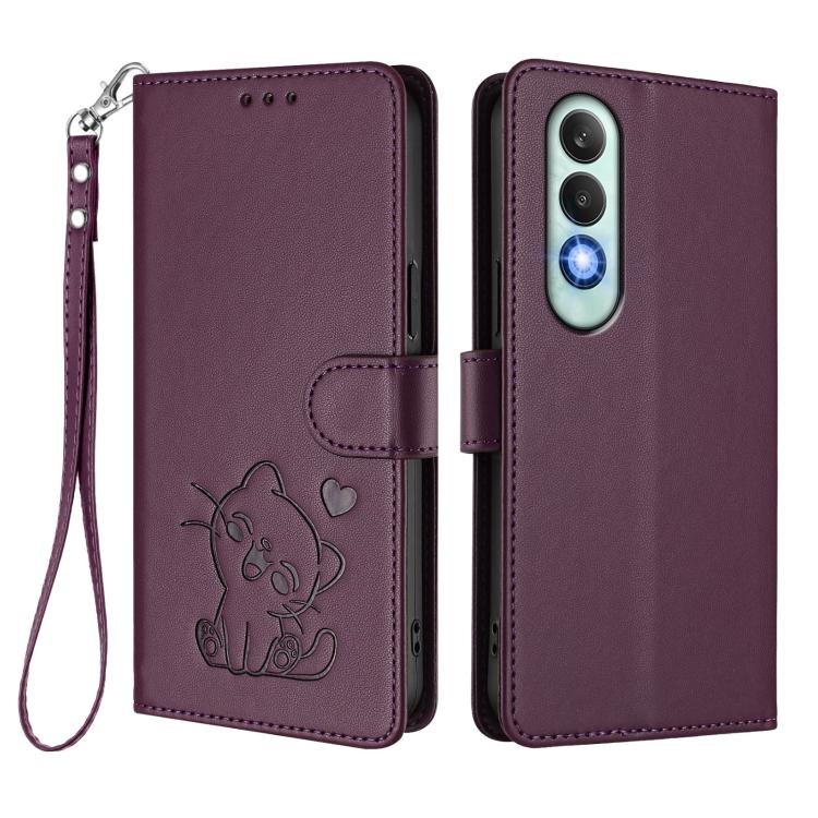 For OnePlus Nord CE4 5G Embossed Heart Cat Leather Phone Case with Hand Strap