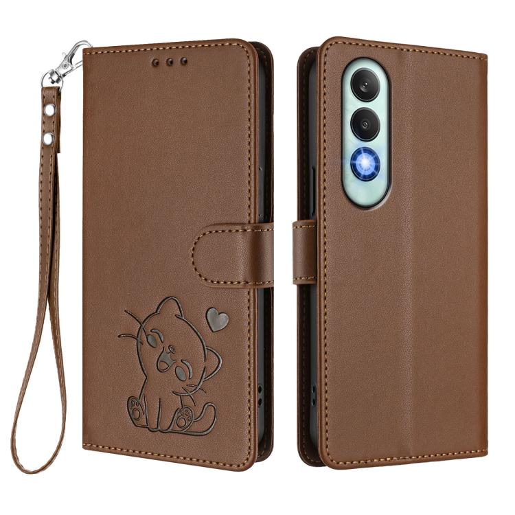 For OnePlus Nord CE4 5G Embossed Heart Cat Leather Phone Case with Hand Strap