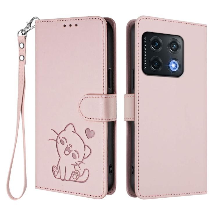 For OnePlus 10 Pro 5G Embossed Heart Cat Leather Phone Case with Hand Strap