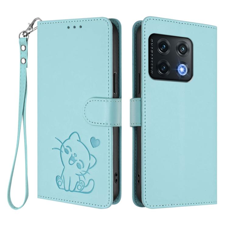 For OnePlus 10 Pro 5G Embossed Heart Cat Leather Phone Case with Hand Strap