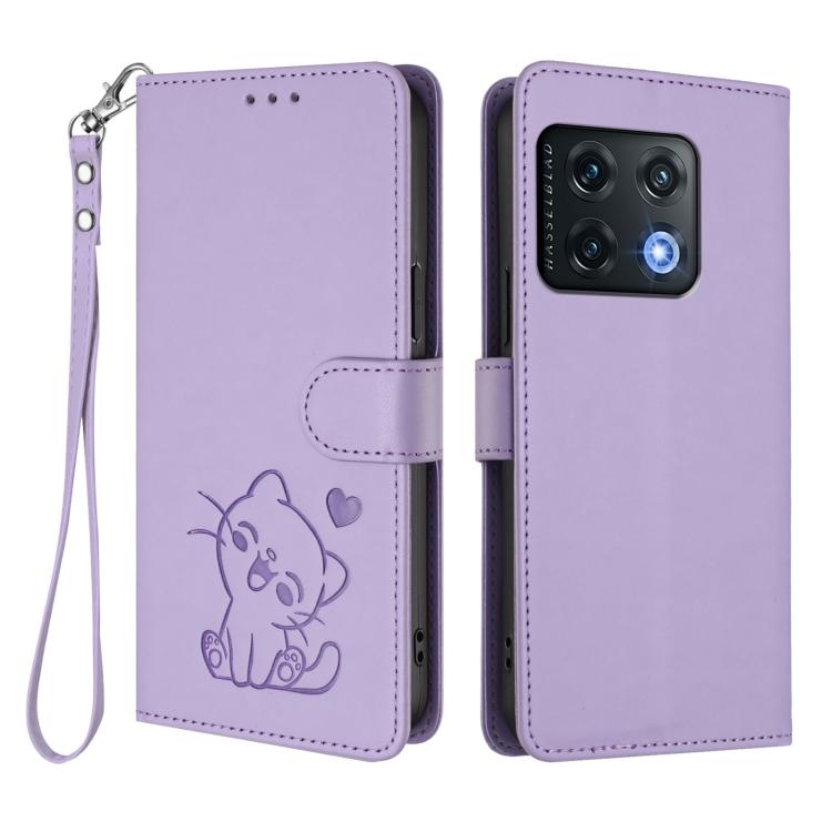 For OnePlus 10 Pro 5G Embossed Heart Cat Leather Phone Case with Hand Strap