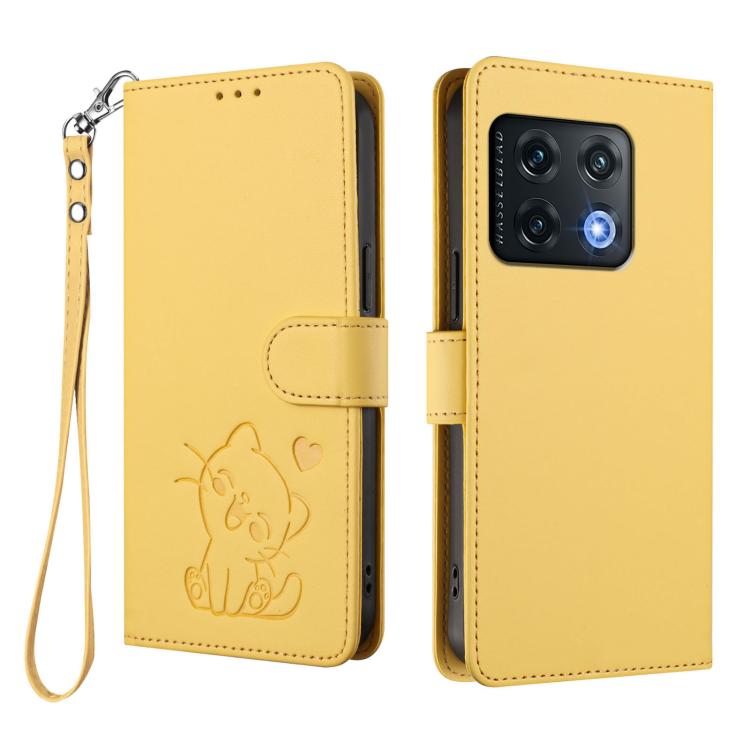 For OnePlus 10 Pro 5G Embossed Heart Cat Leather Phone Case with Hand Strap