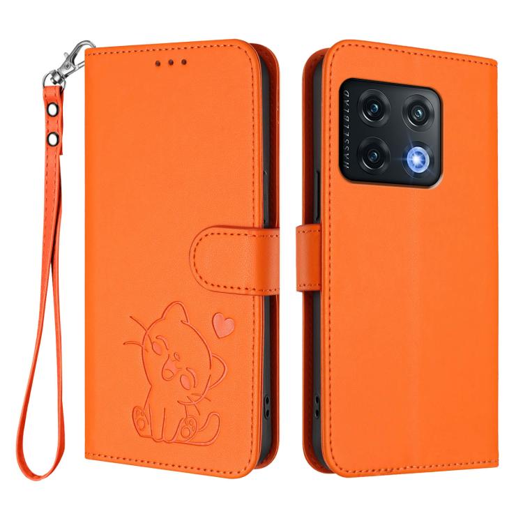 For OnePlus 10 Pro 5G Embossed Heart Cat Leather Phone Case with Hand Strap