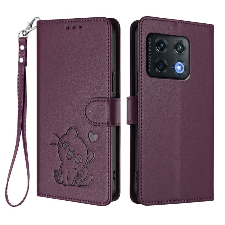For OnePlus 10 Pro 5G Embossed Heart Cat Leather Phone Case with Hand Strap