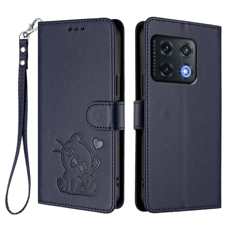 For OnePlus 10 Pro 5G Embossed Heart Cat Leather Phone Case with Hand Strap