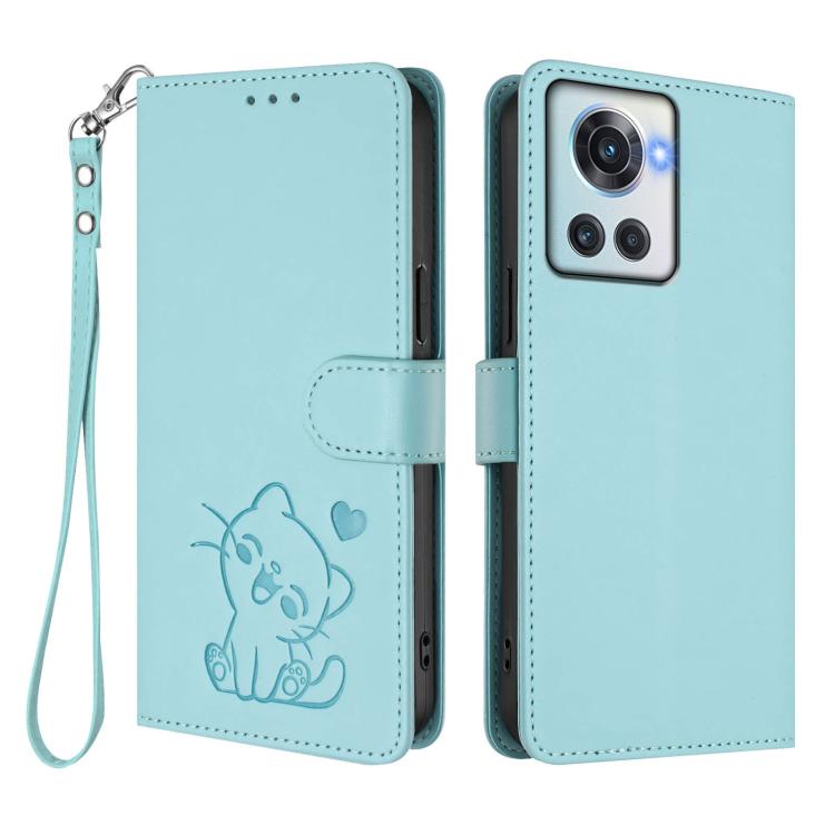 For OnePlus 10R / Ace / 10R Prime Embossed Heart Cat Leather Phone Case with Hand Strap