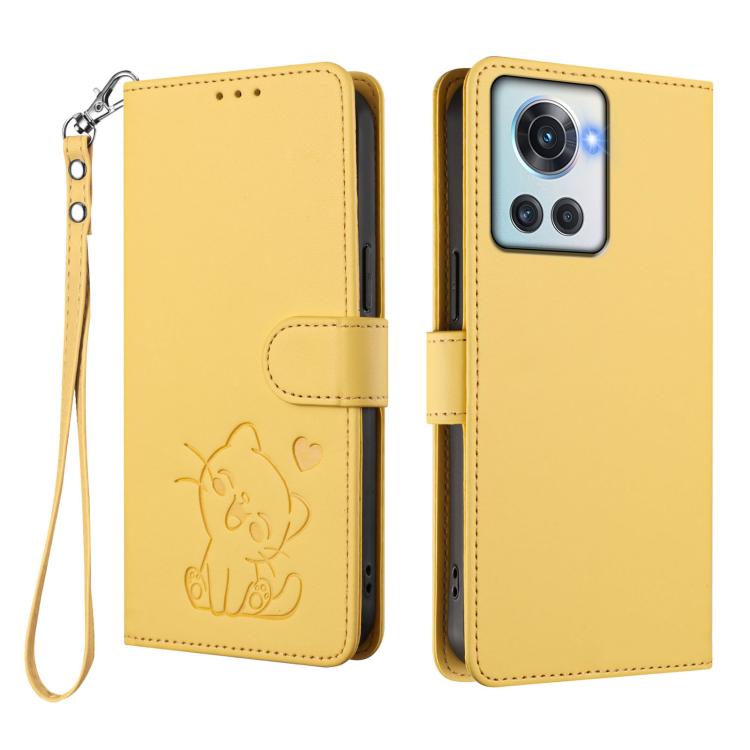 For OnePlus 10R / Ace / 10R Prime Embossed Heart Cat Leather Phone Case with Hand Strap