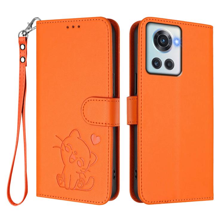 For OnePlus 10R / Ace / 10R Prime Embossed Heart Cat Leather Phone Case with Hand Strap