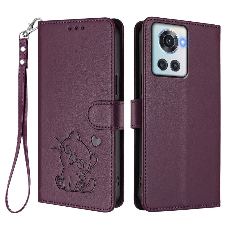 For OnePlus 10R / Ace / 10R Prime Embossed Heart Cat Leather Phone Case with Hand Strap