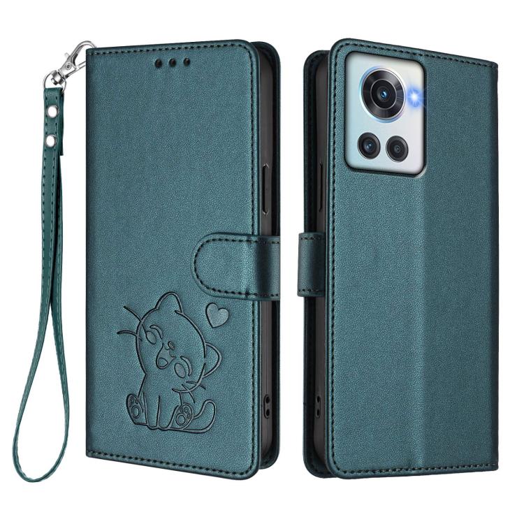 For OnePlus 10R / Ace / 10R Prime Embossed Heart Cat Leather Phone Case with Hand Strap