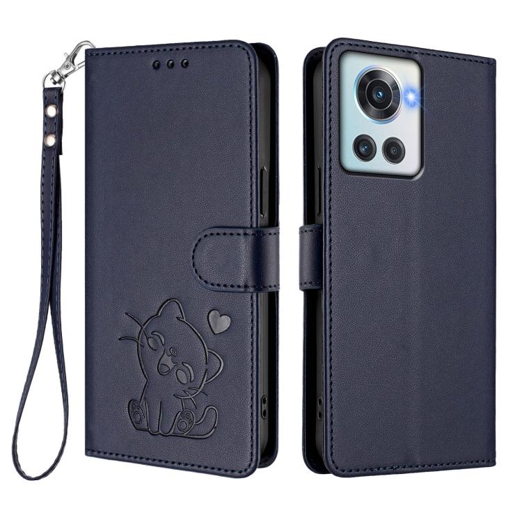 For OnePlus 10R / Ace / 10R Prime Embossed Heart Cat Leather Phone Case with Hand Strap