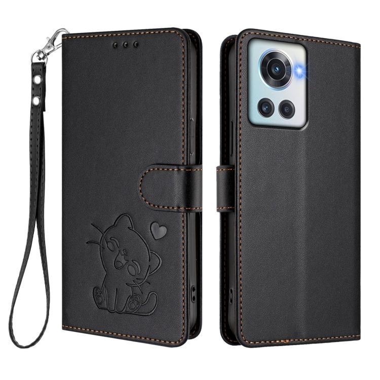 For OnePlus 10R / Ace / 10R Prime Embossed Heart Cat Leather Phone Case with Hand Strap