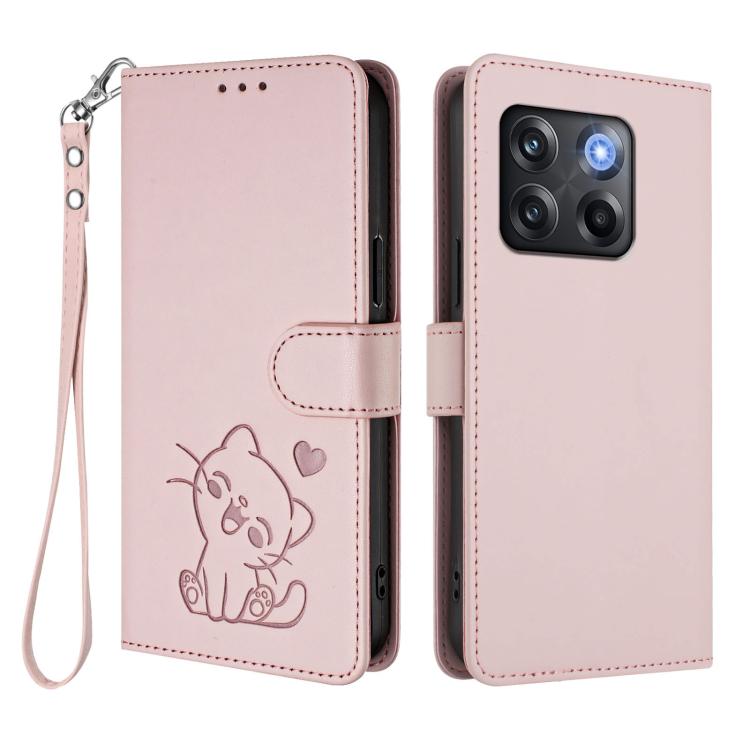 For OnePlus 10T 5G / Ace Pro 5G Embossed Heart Cat Leather Phone Case with Hand Strap