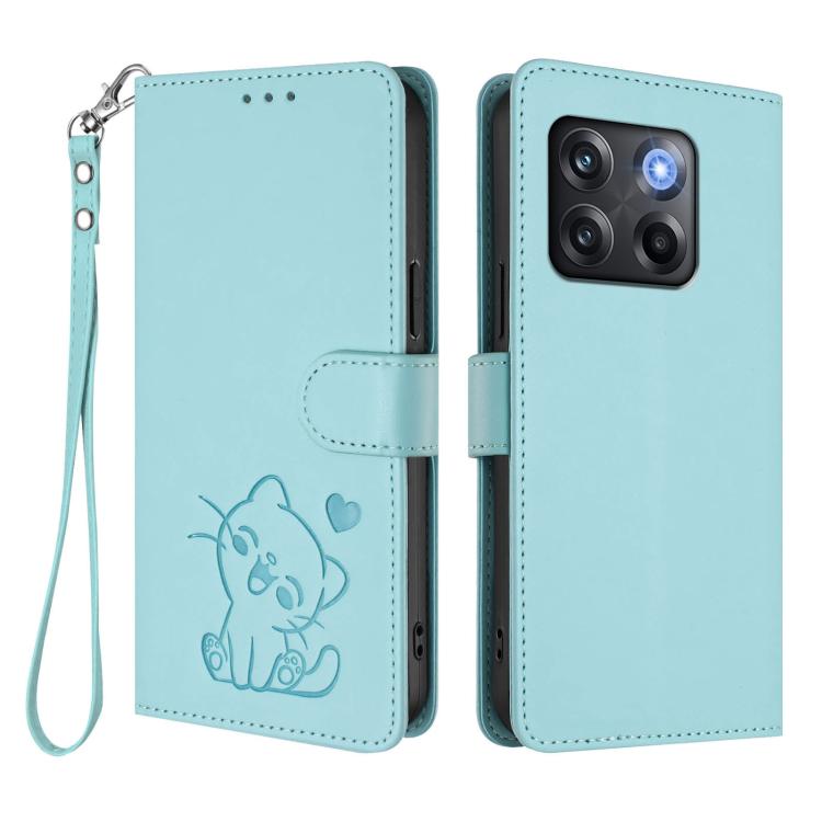 For OnePlus 10T 5G / Ace Pro 5G Embossed Heart Cat Leather Phone Case with Hand Strap